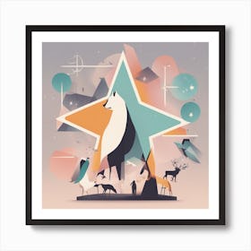 A Drawing In Pastel Colors Of Animals Light And Shadow And A Star, In The Style Of Bauhaus Simplici (2) Art Print