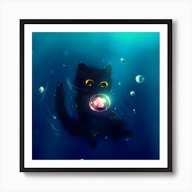 Black Cat With Bubbles Art Print