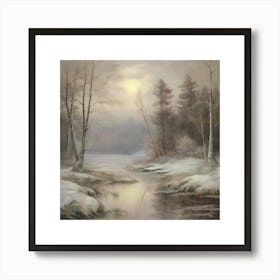 Ancient landscapes, old winter oil paintings and rocks around the lake bank. Snow is falling on the lake, old colors.3 Art Print