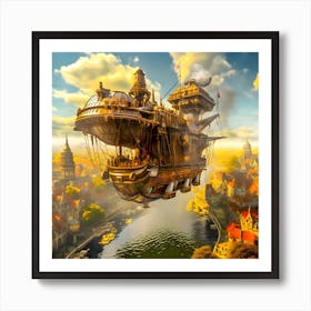 Steampunk airship cruising the river 1 Art Print