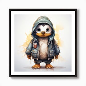 Watercolour Cartoon Penguin In A Hoodie 3 Art Print