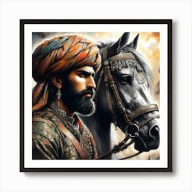 Man Of The Old Persian Empire By His Horse Color Drawing Art Print