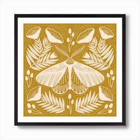 Gold Moth Mushrooms And Poppies Art Print