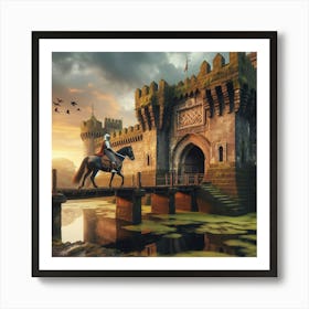 Knight On Horseback Crossing A Bridge Art Print
