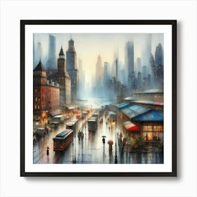 Rainy Cityscape Watercolor Painting Inspired by Bernard Buffet: Detailed Impressionism with Realistic Nostalgia Art Print