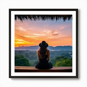 Woman In Black Hat Sitting Alone On A Wooden Balcony Overlooking A Hill Dotted Landscape Trees Al (2) Art Print