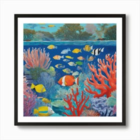 David Hockney Style: A Vibrant Coral Reef Teeming With Marine Life 2 Art Print