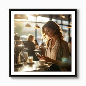 Modern Woman Engages With A Sleek Smartphone At A Bustling Coffee Shop Surrounded By The Hazy Glow (5) Art Print