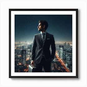 Businessman Standing On Top Of City 1 Art Print