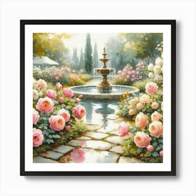 Roses In The Garden With The Fountain, Acrylic Style Painting 5 Art Print