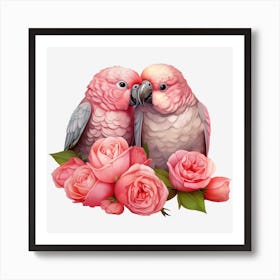 Pink Parrots With Roses Art Print