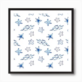 Marine Blue Sea Stars Illustration Pattern On White Background Art Print