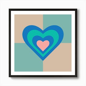LOVE HEARTS CHECKERBOARD Single Retro Alt Valentines in Royal Blue Turquoise Pink on Beige Aqua Geometric Grid Art Print