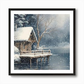 Cabin by lake Art Print