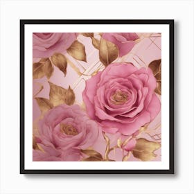 Seamless Pattern Of Elegant Rose Floral Motifs In Pink, Adorned With Gold Lines Art Print