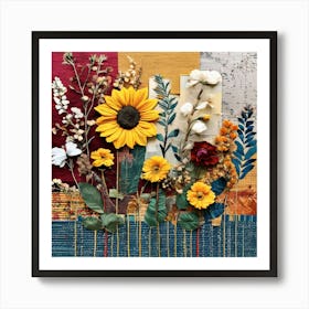 Sunflowers, Design An Eclectic Collage With A Combination Of Fabric Swatches Dried Flowers 2 Art Print