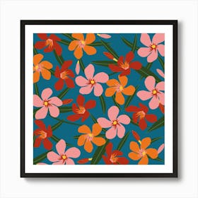 Pink red orange oleander on blue Art Print