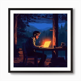 Man Working On His Laptop In The Woods Art Print