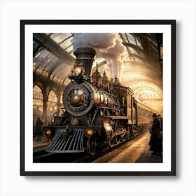 Steampunk Locomotive With Elaborate Gears And Pipes Victorian Era London Station As Backdrop Hazy Art Print