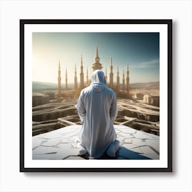 A 3d Dslr Photography Muslim Wearing Futuristic Digital Suit , Praying Towards Makkah Standing Tall Award Winning Photography From The Year 8045 Art Print