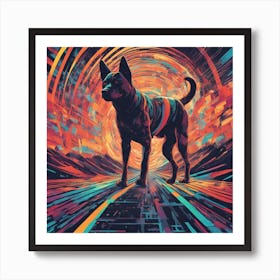 Dog Is Walking Down A Long Path, In The Style Of Bold And Colorful Graphic Design, David , Rainbowco Art Print