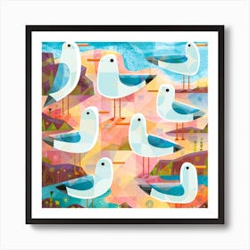 Seagulls On The Shore Square Art Print
