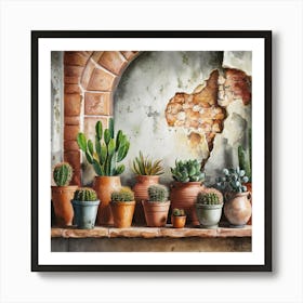 Watercolor painting of an old, weathered wall with cracked stone and peeling paint. The background features various sizes and shapes of terracotta pots on the shelf below. Each pot is filled with vibrant cacti or succulents, 5 Art Print