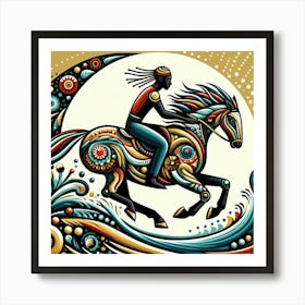 A Guy Riding A Beautiful Horse Fast Around A Curve Folk Art Stlye 2 Art Print