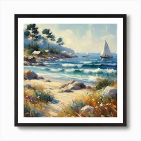 Sailboats On The Beach, Acrylic Painting Style 4 Art Print