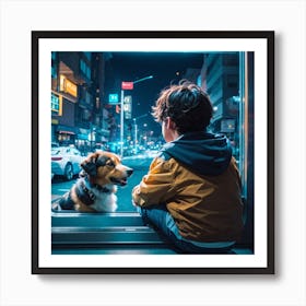 Young Boy Looking Out Window At Night With Dog Affiche