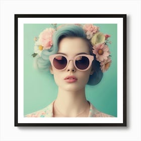Blue Haired Girl With Flowers Art Print