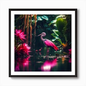 Reflections of the Exotic Flowers and Pink Legged Wading Bird of the Jungle Art Print