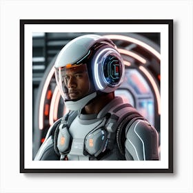 The Image Depicts A Alpha Male In A Stronger Futuristic Suit With A Digital Music Streaming Display 3 Art Print