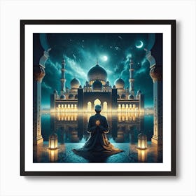 Muslim Man Praying In Front Of Mosque Art Print