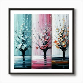 Three different paintings each containing cherry trees in winter, spring and fall Art Print