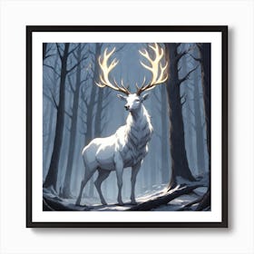 A White Stag In A Fog Forest In Minimalist Style Square Composition 32 Art Print