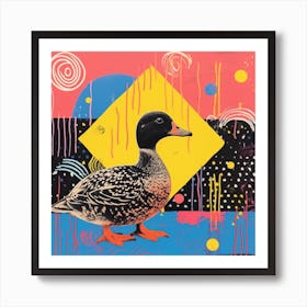 Geometric Pattern Duck Linocut Style 3 Art Print