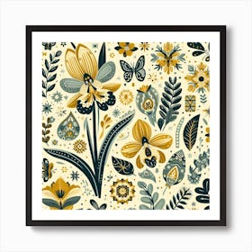 Scandinavian style, Pattern with yellow Orchid flowers 2 Art Print