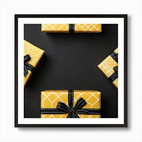 Yellow Gift Box On A Plain Black Background (7) Art Print