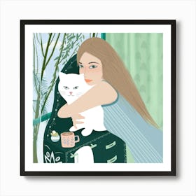 Green Girl With A White Cat Square Art Print