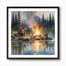 Bears By The Campfire Art Print