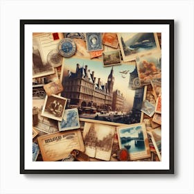 Vintage Postcards Displaying A Castle And Stamps, Complemented By The Coffee Corner Wallpaper Design Art Print