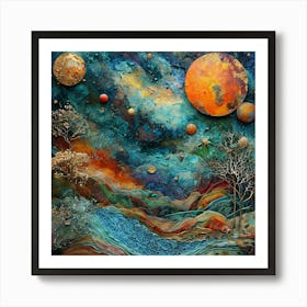 Fantastical Surreal Landscape With Vibrant Colors And Planets Art Print