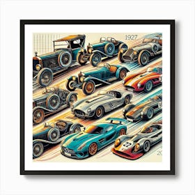 Evolution Of Iconic Cars Printed Art A Stunning Illustration Showcasing The Evolution Of Iconic Cars Through The Ages, Perfect For Adding Style And Passion To Any Car Lover’S Space Printed Art Art Print