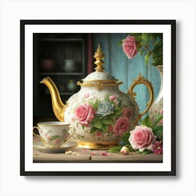A very finely detailed Victorian style teapot with flowers, plants and roses in the center with a tea cup 5 Art Print