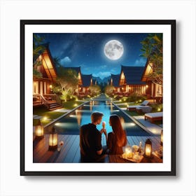 Romantic Couple At The Pool At Night Art Print