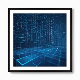 Geometric Blue Cubes Form A Grid Like Network Suspended In Mid Air, Representing The Complexity Of Digital Systems Through Futuristic 3d Visualization 2 Art Print