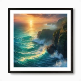 Sunset Over The Ocean - Blue and Teal, dramatic seascape Art Print