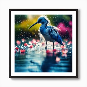 Blue Bird Chick with Floating Flowers Art Print