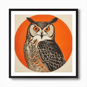 Retro Bird Lithograph Great Horned Owl 4 Art Print